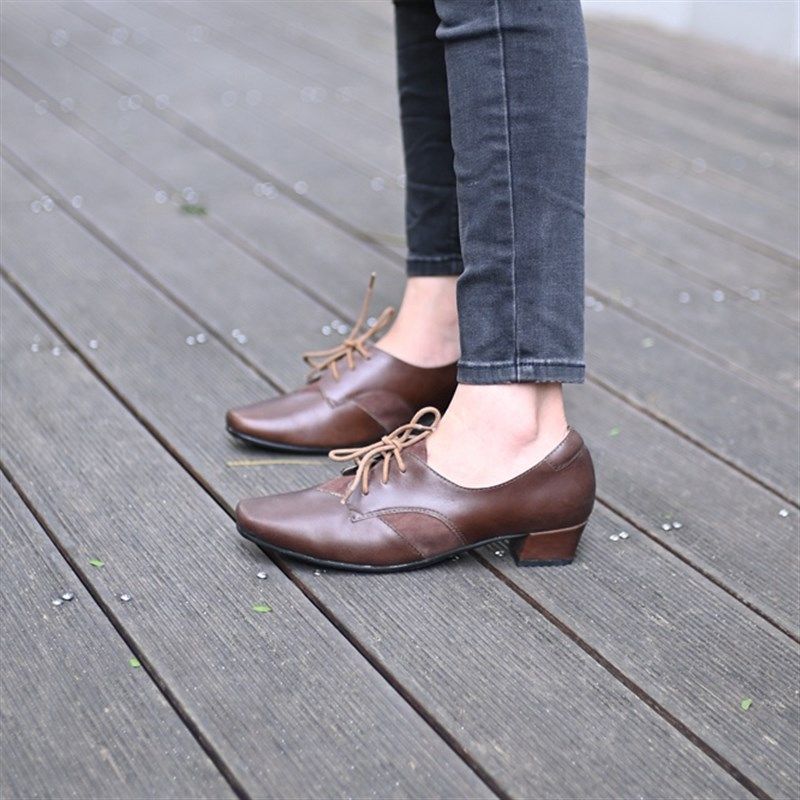 慢先森推荐 方头粗低跟真皮牛皮拼羊猄绑带春秋复古女单鞋 509-29,女鞋,深口单鞋,淘宝优惠券,粉丝福利购,淘宝优惠卷