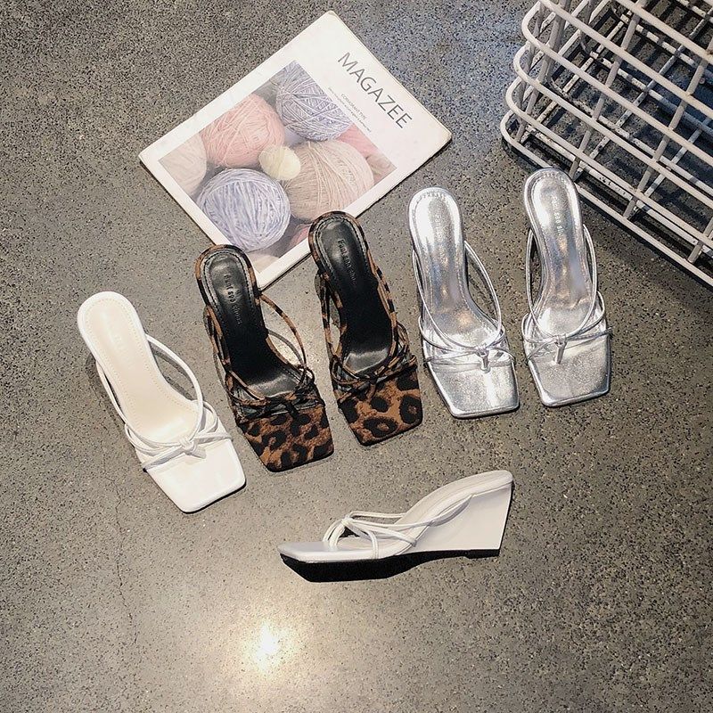 巨好看~ 网红豹纹坡跟方头夹趾凉拖女夏季外穿露趾交叉带高跟拖鞋,女鞋,一字拖,淘宝优惠券,粉丝福利购,淘宝优惠卷