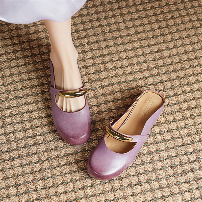复古~洋气紫色真皮包头拖鞋女夏外穿金属扣一字带低跟内增高百搭,女鞋,包头拖,淘宝优惠券,粉丝福利购,淘宝优惠卷