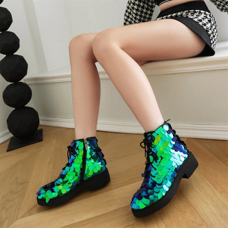 金色银色绿色黑色亮片马丁靴平底短靴模特表演舞台走秀比赛女鞋,女鞋,马丁靴,淘宝优惠券,粉丝福利购,淘宝优惠卷