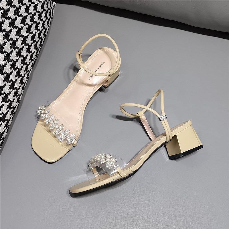 韩系水钻珍珠凉鞋女夏2024年新款中粗跟一字扣带气质配裙子高跟鞋,女鞋,时装凉鞋,淘宝优惠券,粉丝福利购,淘宝优惠卷