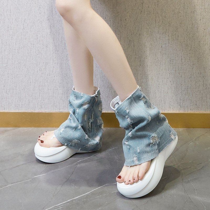 夹趾时装凉鞋女2024年夏季新款镂空破洞牛仔靴子松糕软底防滑短靴,女鞋,时装凉鞋,淘宝优惠券,粉丝福利购,淘宝优惠卷