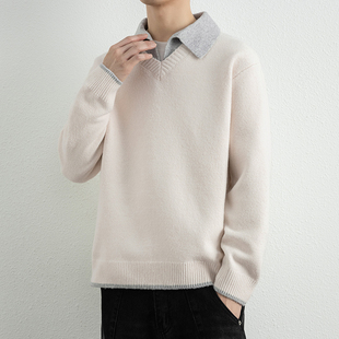 中式复古假两件polo领毛衣男款慵懒舒适风cleanfit宽松休闲针织衫