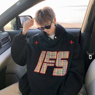 美式复古高街字母刺绣连帽卫衣男款秋冬季国潮流高级感宽松情侣装