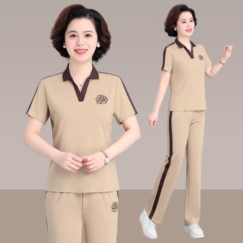 中年妈妈夏装运动服套装中老年女夏季薄款翻领短袖t恤休闲两件套