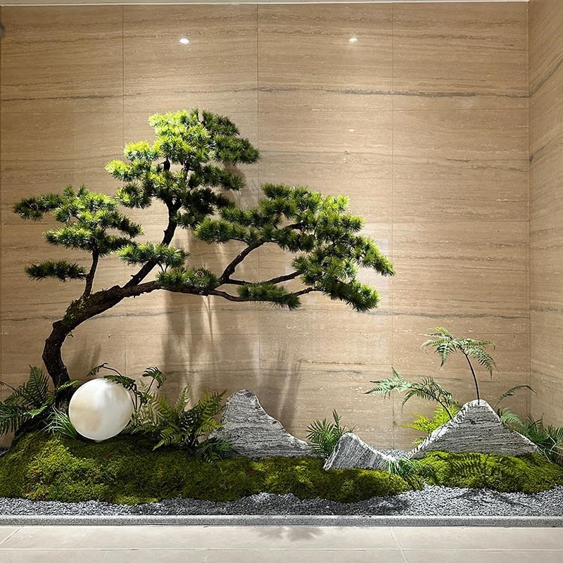 彷真迎客松室内造景设计假罗汉松树软装绿植搭配大V型橱窗景观布
