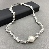 高级感配饰项链新款 潮夸张设计不均匀碎银几两大珍珠颈链女锁骨链