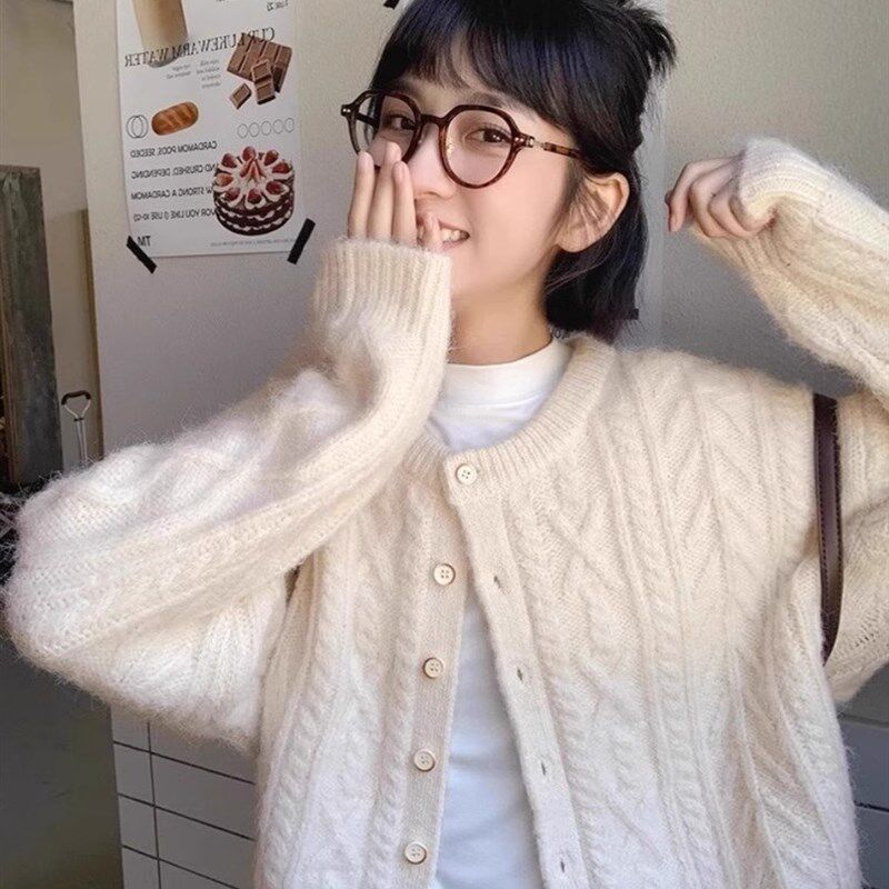 短款麻花开衫毛衣女春秋外套气质韩版白色宽松外搭慵懒针织衫上衣