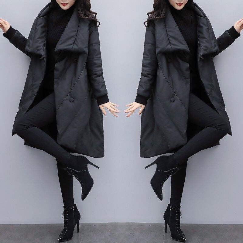pu皮斗篷外套女装2021新款冬宽松大码中长款羽绒服女黑色显瘦加厚