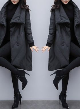 pu皮斗篷外套女装2021新款冬宽松大码中长款羽绒服女黑色显瘦加厚