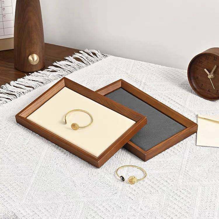 实木胡木色超纤绒布多用内桃空盘示看货PHZ盘珠宝首饰陈列斜展收