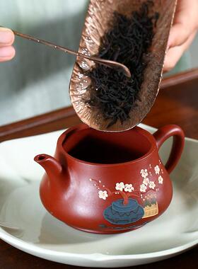 茶壶PNE宜兴紫砂壶名家纯手泥工梅闲花原矿大红袍适壶绘家用泡茶