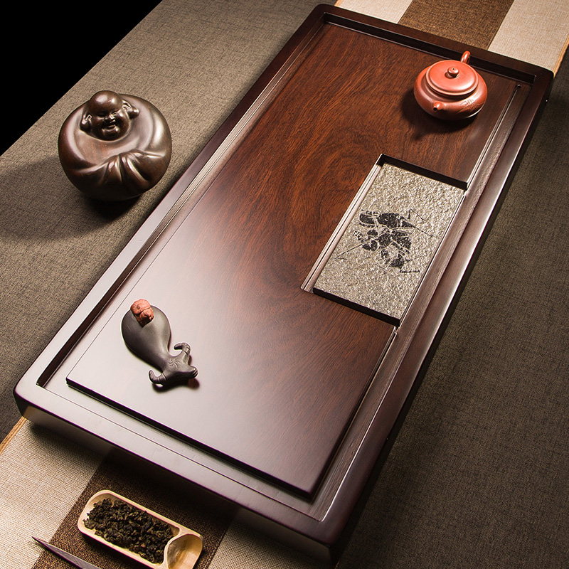 整块黑檀实木储水茶盘家用简约乌金石茶台大O小号原木功夫茶具托