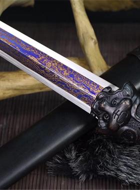 家2019泉市刀龙剑短乌木花纹钢锻打烤蓝中式传统宝剑一厂体长剑