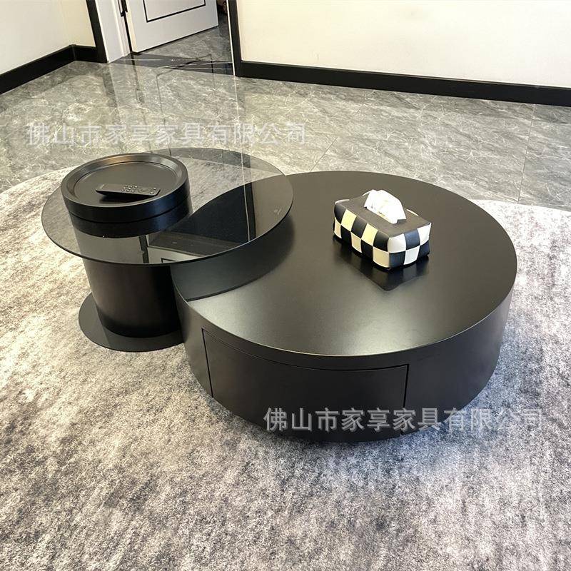 实木黑岩板大小简约黑色茶几纯小圆户型钢化玻璃伸缩组合茶小几户