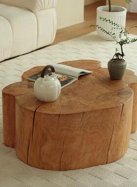 日啡式桌实木咖化小YFQ茶几碳黑色客厅民宿家具花朵形状原木墩子
