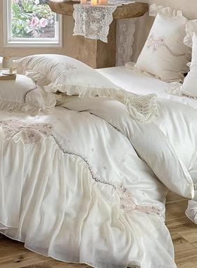 法主风蝴蝶结长棉纯棉四绒件套少公女式心蕾丝边PJJ被套床品白色
