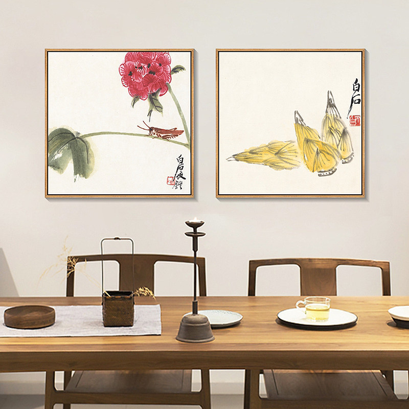 齐白石装饰画水墨花鸟国画餐厅水果画新中式客厅壁画禅意玄关画方