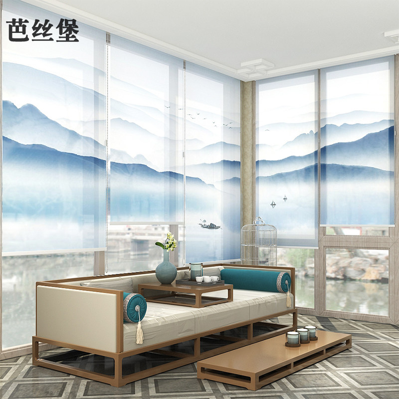 新中式客厅卷帘悬挂式屏风挂帘子软隔断玄关卧室窗帘办公室遮光帘