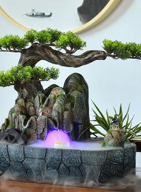 中式假山流水喷泉招财摆件客厅山水盆景迎客松循环水茶室水景装饰