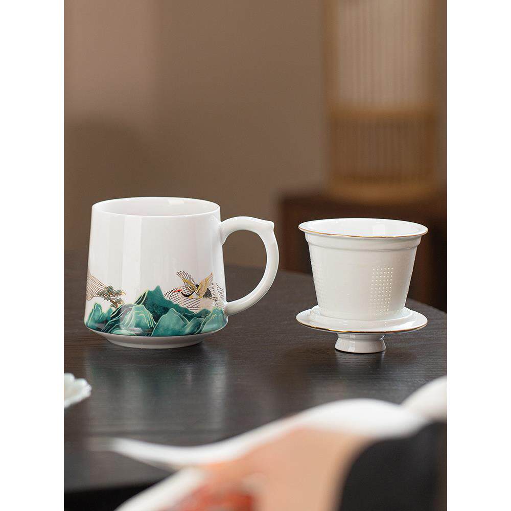 景德镇陶瓷茶杯茶水分离办公杯大容量带盖泡茶个人杯水杯子茶漏杯