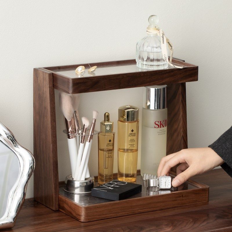 素风黑胡桃实木桌面化妆品收纳盒高级感多层杯架梳妆台香水置物架