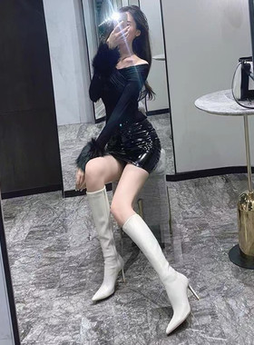 强推自留~显腿长 白色长筒靴女2023秋冬高跟鞋细跟尖头高筒长靴子