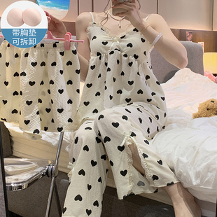 网红爱心睡衣女夏天吊带三件套装带胸垫甜美少女夏季梭织棉家居服