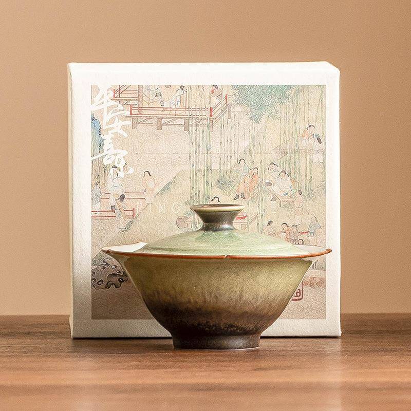 窑陶24JS12-0瓷盖碗碧星空矮花瓣泡档茶绿碗变带盖茶杯高中式复古