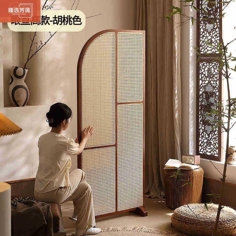 遮甄ZVT选实木动玄关客厅卫生间屏风可移藤编新中式沙发挡隔断屏