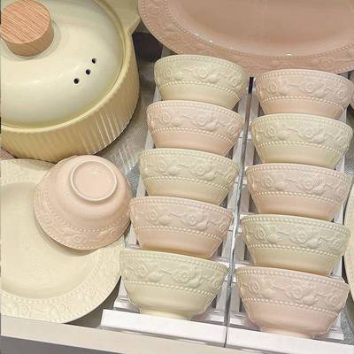 康釉陌厂家直销用下彩浮雕玫Z1204瑰陶立瓷餐具套装体浮雕家碗盘