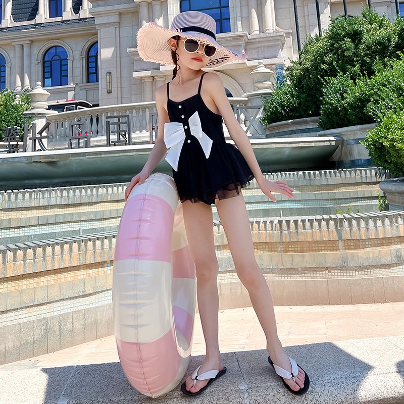 童装夏装泳衣夏季新款女童黑色蝴蝶结纱裙泳装儿童连体式吊带泳衣