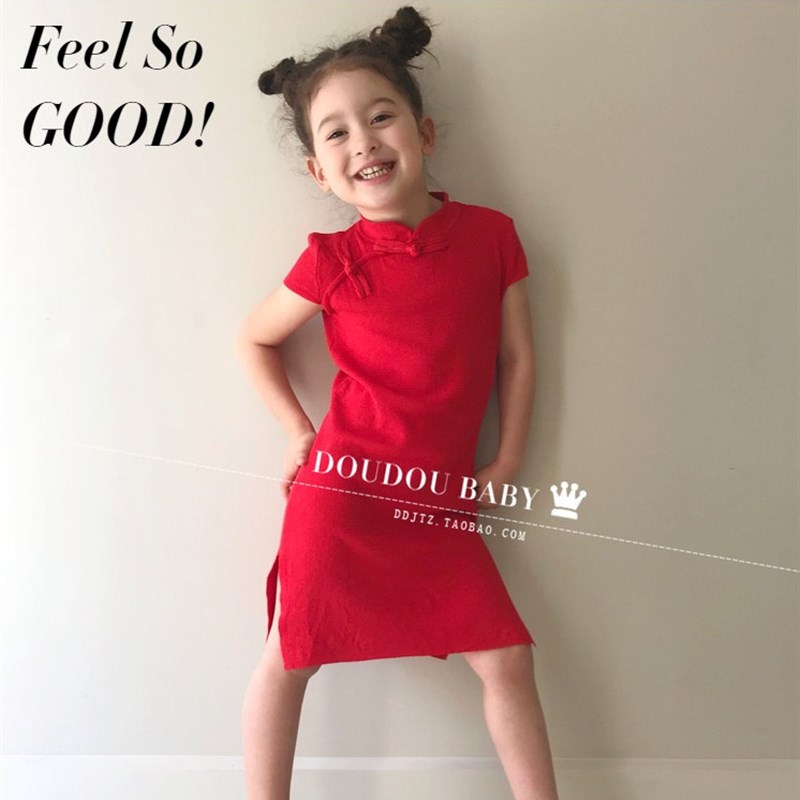 女童秋冬针织旗袍裙中国风小女孩复古连衣裙薄款儿童走秀周岁礼服