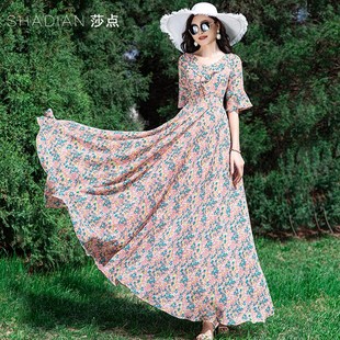 碎花连衣裙女长款2025夏季新款雪纺大摆裙收腰显瘦沙滩长裙到脚踝