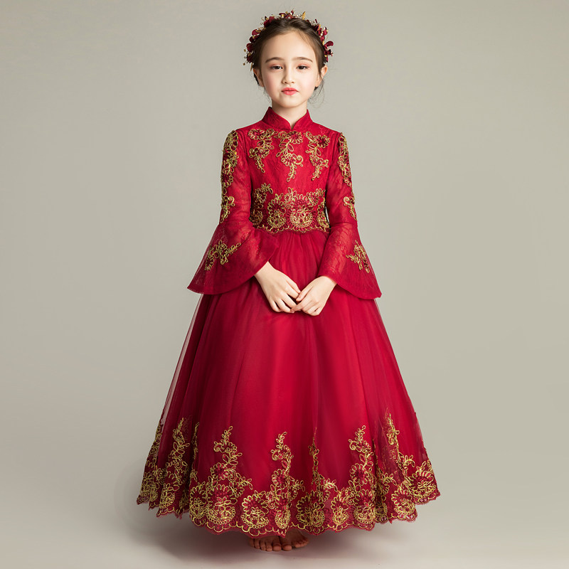 儿童礼服公主裙女童晚宴礼裙小主持人中国风长裙长袖婚纱模特走秀