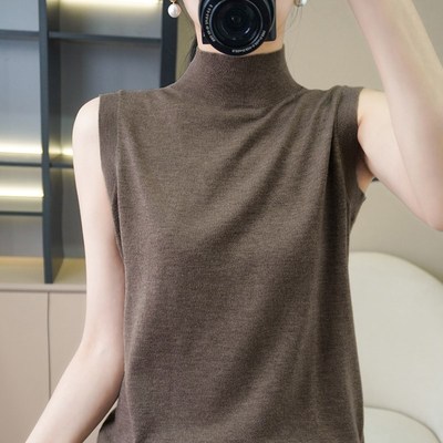 无袖半高领超细羊毛衫女薄款背心西装内搭修身打底衫针织上衣外穿