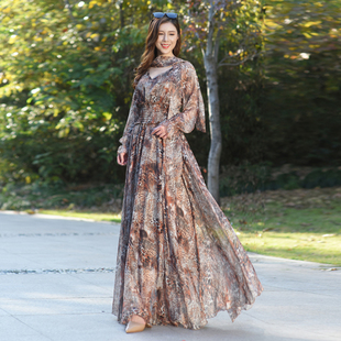 豹纹连衣裙长款过脚踝夏季显瘦雪纺及踝长裙拖地大摆超长沙滩裙