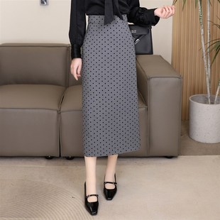 植绒波点西装半身裙女春夏2025新款小个子高腰中裙气质a字直筒裙