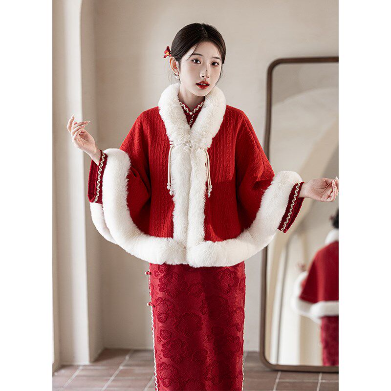 红色旗袍披肩秋冬季敬酒服婚礼新娘结婚加绒加厚保暖斗篷外套披风