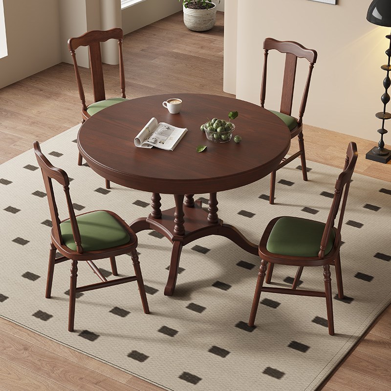 美式圆桌中古餐厅法式圆形餐桌实木小户型北欧家用复古饭桌胡桃色