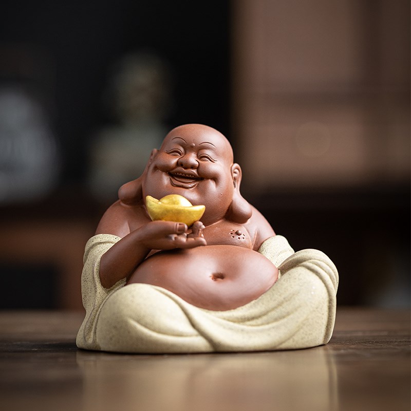 精品紫砂招财弥勒佛摆件禅意人物手工大肚佛茶道茶桌茶玩车载装饰