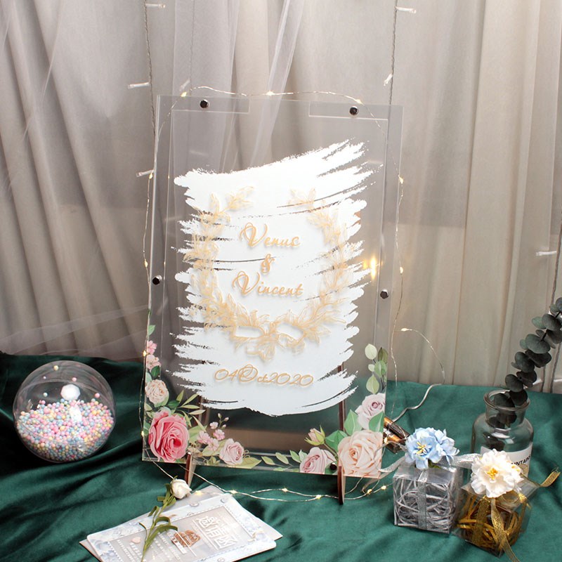 白色水彩墨迹结婚礼浪漫签到本定制签名祝福迎宾水牌桌卡桌牌透明