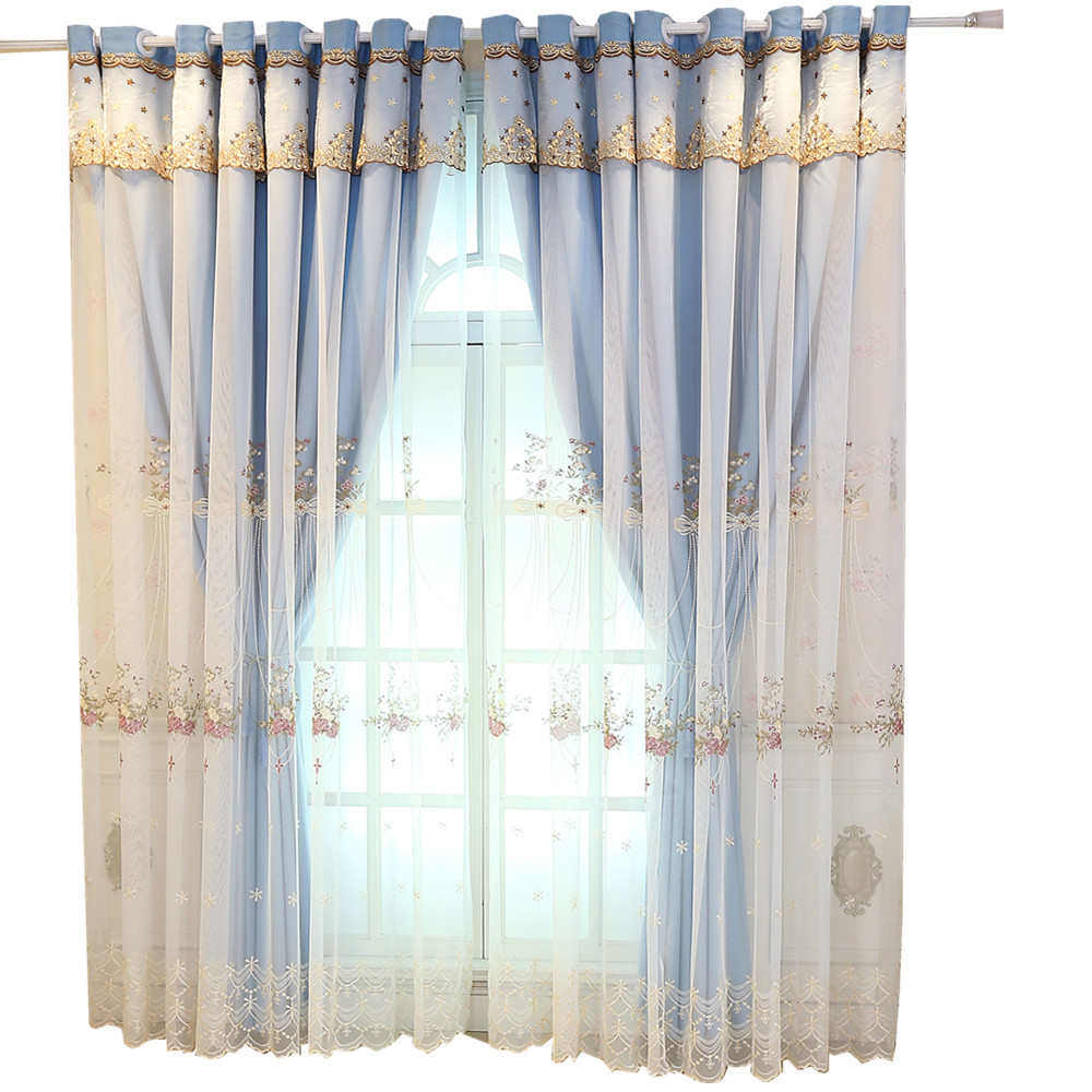 简约现代欧式绣花双层布成品卧室阳台窗定制客厅飘遮光纱一体窗帘
