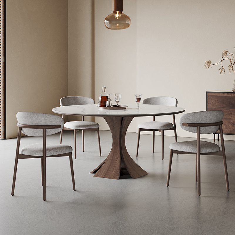 奥古斯特窈窕意式亮光岩板餐桌圆形带转盘家用现代简约实木餐桌