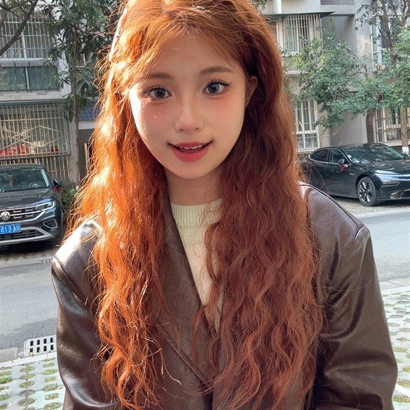 脏橘色假发女前蕾丝中分长卷发羊毛卷lolita修脸网红jk全头整顶