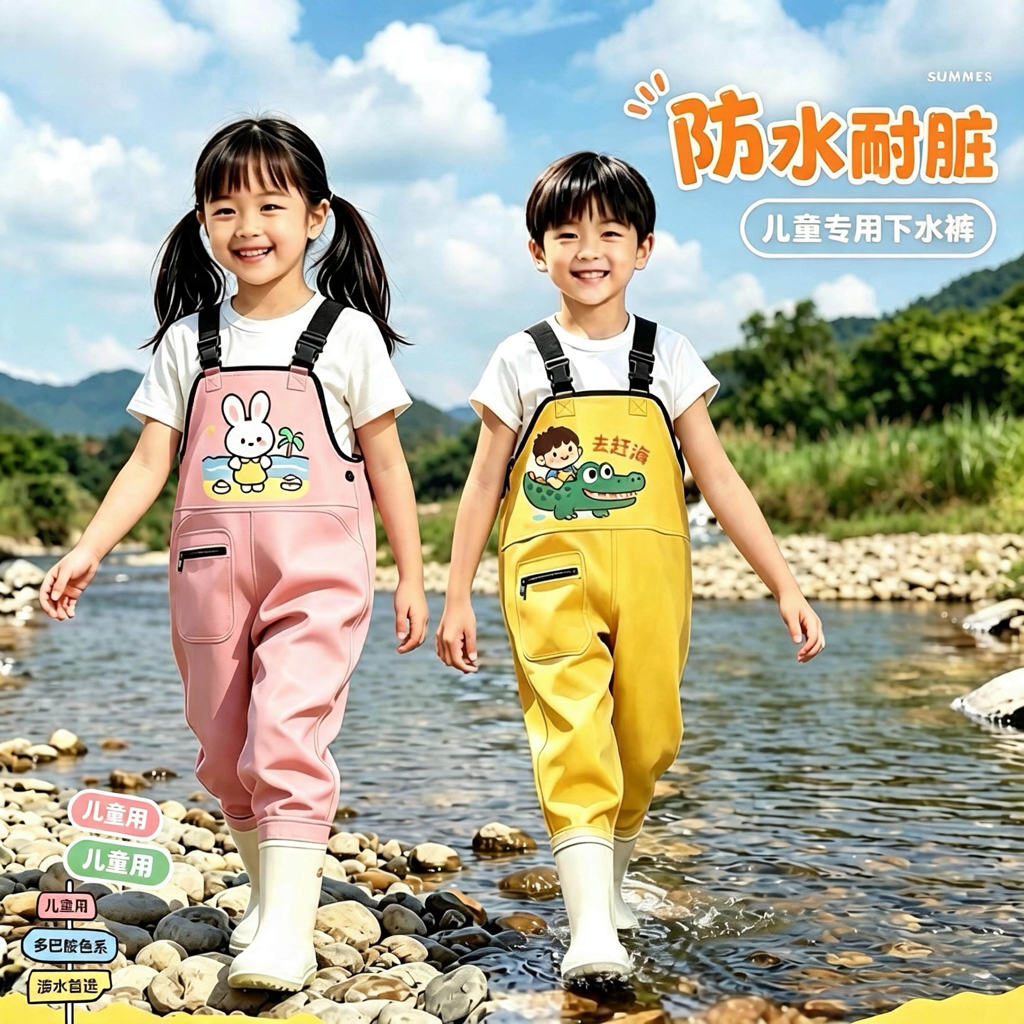 雨儿6698mk童赶海连体下水裤玩幼儿园防水水服男女衣小孩雨鞋抓鱼
