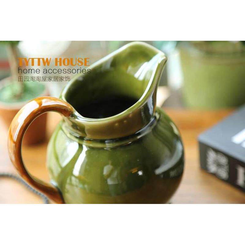 欧式田园绿色小鸟釉面花纹单感手柄餐桌陶瓷高级摆件装饰工艺花瓶