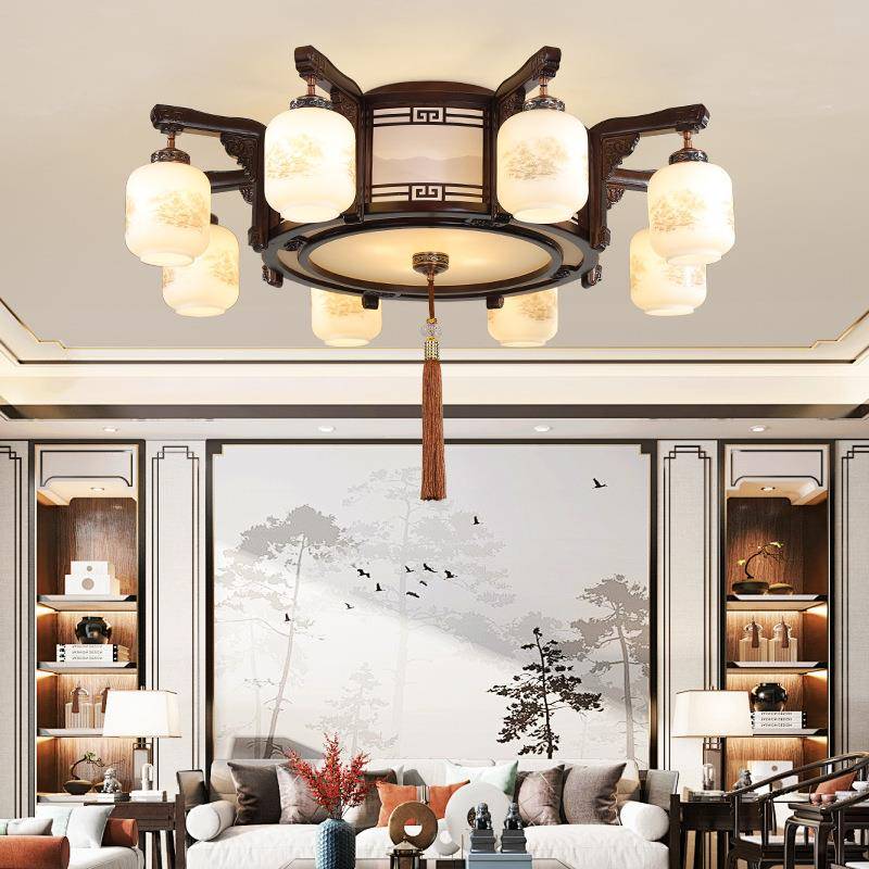 新中式客厅灯吸顶式吊灯实木别墅卧室吊灯酒店大堂仿古典餐厅灯具