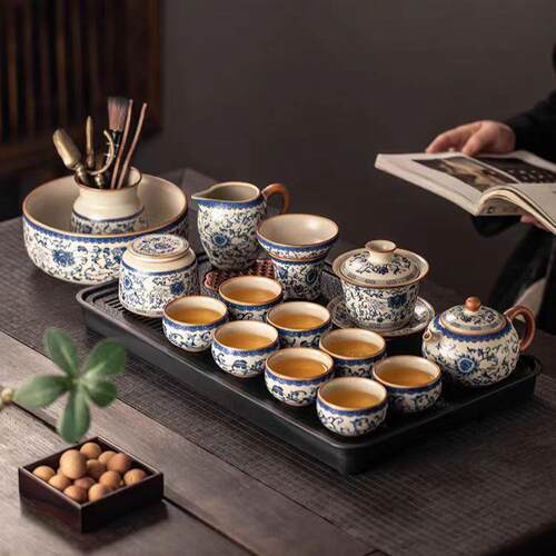 2024新款青花米黄汝窑功夫茶具套组家用轻奢高档陶瓷中式茶壶茶杯