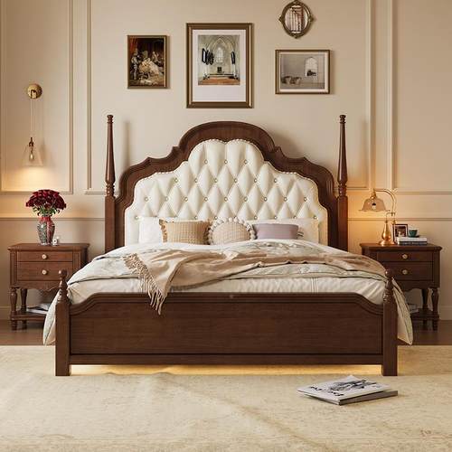 美式复古实木床主卧大床823-2#1.米18.法式轻式奢软包婚床5欧家具